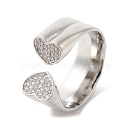 Brass Micro Pave Cubic Zirconia Open Cuff Rings, Heart, Platinum, US Size 7 1/4(17.5mm)(RJEW-P098-13P)