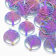 Ion Plating(IP) 201 Stainless Steel Filigree Pendants, Etched Metal Embellishments, Flat Round with Tree of Life, Rainbow Color, 23x20x0.3mm, Hole: 1.2mm(STAS-R102-13)