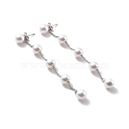 Round Plastic Pearl Beaded Long Chain Dangle Stud Earrings, 304 Stainless Steel Drop Earrings for Women, Stainless Steel Color, 88x8mm, Pin: 0.7mm(STAS-D179-04P-02)
