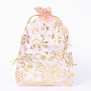 Rose Printed Organza Bags, Gift Bags, Rectangle, Pearl Pink, 18x13cm(X-OP-R021-13x18-01)
