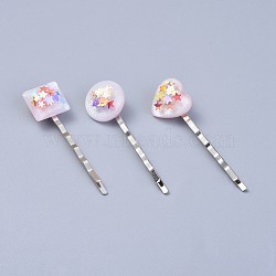 Iron Hair Bobby Pins, with Resin Cabochons and Paillette, Mixed Shapes, Platinum, 52.5~55mm(PHAR-JH00056)