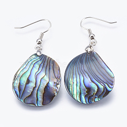 Abalone Shell/Paua Shell Dangle Earrings, with Brass Findings, Drop, Platinum, 51.5~53.5mm, Pin: 0.7mm(EJEW-P148-13-01)