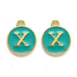 Golden Plated Alloy Enamel Charms, Enamelled Sequins, Flat Round with Alphabet, Letter.X, Green, 14x12x2mm, Hole: 1.5mm(ENAM-Q437-15X)