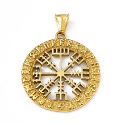 Ion Plating(IP) 304 Stainless Steel Manual Polishing Pendants, Flat Round with Vegvisir Charm, Antique Golden, 40.5x36.5x2.5mm, Hole: 8.5x4mm(STAS-M303-01AG)