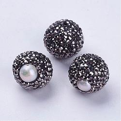 Brass Grade A Rhinestone Beads, with Natural Pearl, Round, Jet, 15.5x16x17mm, Hole: 1mm(RB-G159-17)