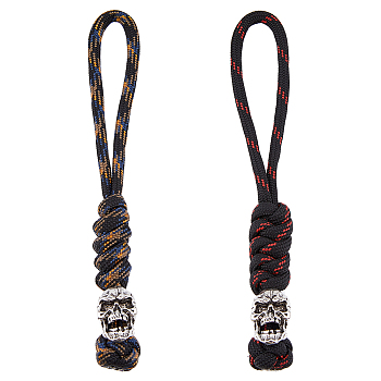 2Pcs 2 Colors Braided Polyester EDC Knife Parachute Lanyard Alloy Skull Bead Pendant Decoration for Men, Mixed Color, 12.3cm, 1pc/color