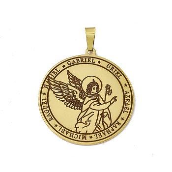 304 Stainless Steel Pendants, Flat Round with Angel Charm, Golden, 38x35x1.5mm, Hole: 7.5x4mm
