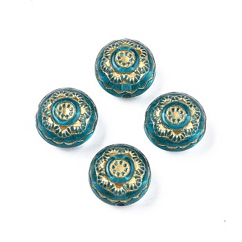 Plating Acrylic Beads, Metal Enlaced, Flat Round, Dark Turquoise, 13x9mm, Hole: 1.5mm