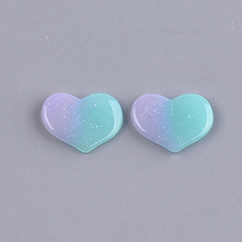 Resin Cabochons, with Glitter Powder, Two Tone, Heart, Pale Turquoise, 14.5x19x2.5mm