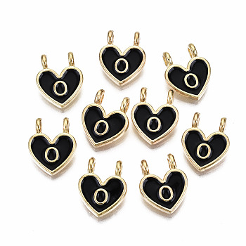 Alloy Enamel Charms, Cadmium Free & Lead Free, Heart with Initial Letters, Light Gold, Black, Letter.O, 14.5x11.5x4.5mm, Hole: 2mm