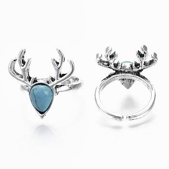 Synthetic Turquoise Cuff Finger Rings, Open Rings, with Zinc Alloy Findings, Cadmium Free & Lead Free, Christmas Reindeer/Stag, Antique Silver, Size 8, Inner Diameter: 18mm