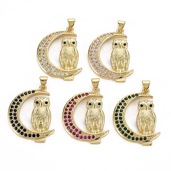 Brass Micro Pave Cubic Zirconia Pendants, Cadmium Free & Nickel Free & Lead Free, Real 16K Gold Plated, Moon with Owl, Mixed Color, 30.5x24.5x3.5mm, Hole: 3x5mm
