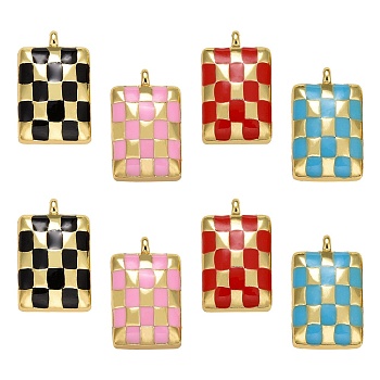 8Pcs 4 Colors Rack Plating Brass Enamel Pendants, Long-Lasting Plated, Real 18K Gold Plated, Lead Free & Cadmium Free, Rectangle with Tartan Pattern, Mixed Color, 17x10x3.5mm, Hole: 1.6mm, 2pcs/color
