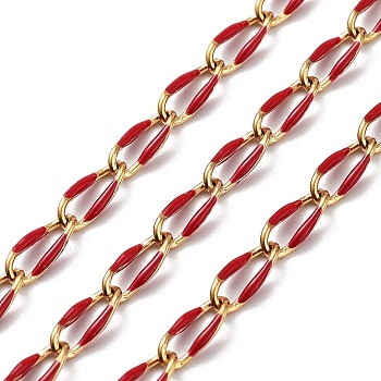 304 Stainless Steel Handmade Beaded Chain, with Enamel, with Spool, Soldered, Real 18K Gold Plated, Oval, Red, 9x4x1mm, about 16.40 Feet(5m)/Roll