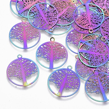 Ion Plating(IP) 201 Stainless Steel Filigree Pendants, Etched Metal Embellishments, Flat Round with Tree of Life, Rainbow Color, 23x20x0.3mm, Hole: 1.2mm