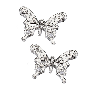 Alloy Rhinestone Pendants, with Plastic Pearl Beaded, Butterfly Charms, Platinum, 20x27mm, Hole: 1.5mm
