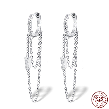 Rhodium Plated 925 Sterling Silver Hoop Earrings, Chains Tassel Earrings, with with 925 Stamp, Platinum, 40mm