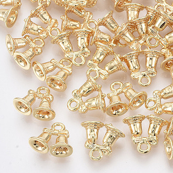 Brass Charms, Nickel Free,  Christmas Bell, Real 18K Gold Plated, 11x12.5x5.5mm, Hole: 1.6mm
