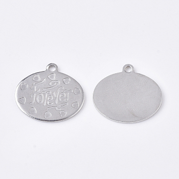 Valentine's Day Theme, 201 Stainless Steel Pendants, Oval with Heart Word Forever, Antique Silver, 15x17x1mm, Hole: 1.4mm