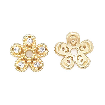 Brass Micro Pave Clear Cubic Zirconia Bead Caps, Nickel Free, 5-Petal, Clear, Flower, Real 18K Gold Plated, 8x8x2.5mm, Hole: 1mm