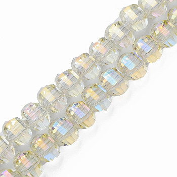 Electroplate Transparent Glass Beads Strands, Faceted, Round, Light Goldenrod Yellow, 9.5x8.5mm, Hole: 1.5mm, about 65~70pcs/strand, 22.05 inch~23.62 inch(56~60cm)