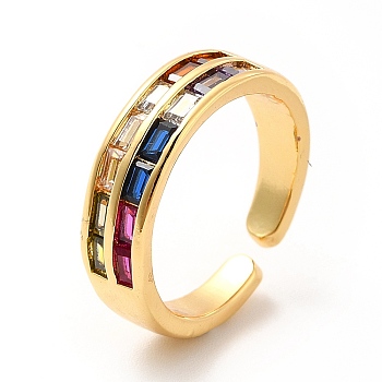 Colorful Cubic Zirconia Rectangle Open Cuff Ring, Brass Jewelry for Women, Real 18K Gold Plated, US Size 6 1/2(16.9mm)