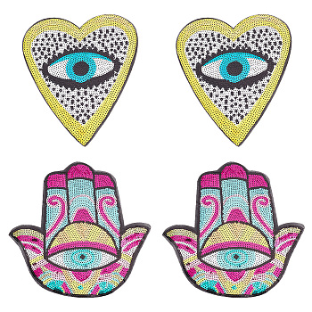 4Pcs 2 Style Evil Eye Sequin Iron on/Sew on Patches, Glittered Appliques, for Garment Decoration, Heart & Hamsa Hand, Mixed Color, 240x205x1mm & 265x275x1mm, 2pcs/style