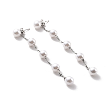 Round Plastic Pearl Beaded Long Chain Dangle Stud Earrings, 304 Stainless Steel Drop Earrings for Women, Stainless Steel Color, 88x8mm, Pin: 0.7mm