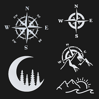 5 Sheets 5 Styles PVC Waterproof Stickers, Window Decals, for Car Home Wall Decoration, Compass & Mountain with Sun & Moon with Tree, White, Mixed Patterns, 6.3~16x13.5~16, 1 sheet/style