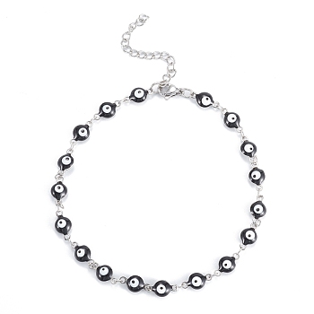 304 Stainless Steel Anklets, with Enamel and Lobster Claw Clasps, Evil Eye, Black, Stainless Steel Color, 9-5/8 inch(24.5cm).