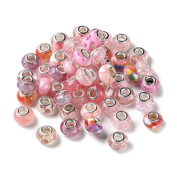 Resin European Beads, with Platinum Plated Brass Core, Rondelle, Pink, 13.5x9mm, Hole: 5mm