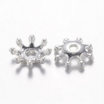Alloy Bead Caps, Cadmium Free & Lead Free, Flower, Multi-Petal, Silver Color Plated, 8x2.5mm, Hole: 1.5mm