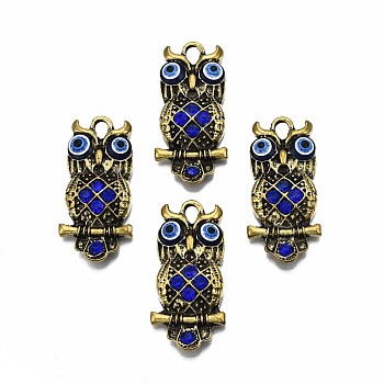 Alloy Pendants, with Resin and Rhinestone, Cadmium Free & Lead Free, Owl, Antique Bronze, 37x18x5.5mm, Hole: 1.8mm