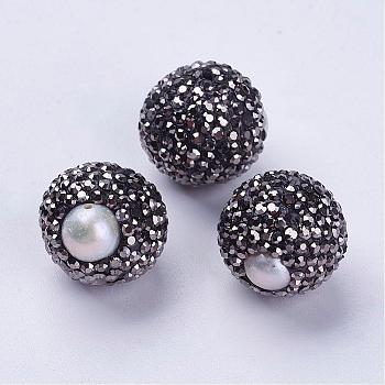 Brass Grade A Rhinestone Beads, with Natural Pearl, Round, Jet, 15.5x16x17mm, Hole: 1mm