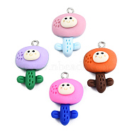 Opaque Resin Pendants, with Platinum Plated Iron Loops, Flower Charm with Smiling Face Pattern, Mixed Color, 26x16.5~17x9.5~10mm, Hole: 2mm(CRES-N022-177)