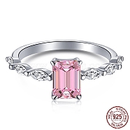 Rhodium Plated 925 Sterling Silver Finger Rings, Birthstone Ring, with 5A Cubic Zirconia Rectangle for Women, Real Platinum Plated, Pearl Pink, 1.7mm, US Size 7(17.3mm)(RJEW-A019-28B-02P)