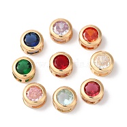 Brass Slide Charms, with Glass, Flat Round Shape, Golden, Mixed Color, 9x5mm, Hole: 5x2mm(KK-C062-033G)