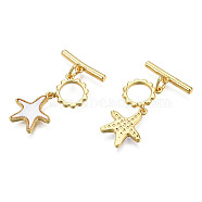 Brass Toggle Clasps, with Natural Shells, Real 18K Gold Plated, Nickel Free, Starfish, Creamy White, 29~30mm, Starfish: 14.5x12.5x2mm, Hole: 1mm, Bar: 4x16x2mm, Hole: 1mm(KK-N233-411A)