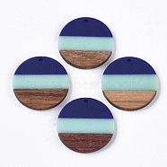 Tri-color Resin & Walnut Wood Pendants, Flat Round, Dark Blue, 28x3.5mm, Hole: 2mm(RESI-S358-78K)