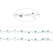 3.28 Feet Handmade Evil Eye Lampwork Round Beaded Chains, with Brass Findings, Unwelded, Long-Lasting Plated, Silver, Light Blue, 15x3x6x1.8mm, Beads: 6mm(X-CHC-G009-B-S03)