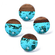 Transparent Resin & Walnut Wood Stud Earring Findings, with 304 Stainless Steel Pin and Gold Foil, Flat Round, Deep Sky Blue, 14mm, Hole: 1.8mm, Pin: 0.7mm(MAK-N032-007A-F01)