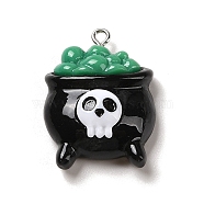Opaque Resin Pendants, Halloween Charms with Platinum Tone Alloy Loops, Black, Cauldron with Skull, 30x22.5x10mm, Hole: 1.5mm(RESI-K020-04G)