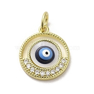Brass Micro Pave Cubic Zirconia Pendants, with Enamel, with Jump Ring, Real 18K Gold Plated, Flat Round with Evil Eye, Midnight Blue, 17.5x15x3mm, Hole: 3.8mm(KK-E092-16G-03)