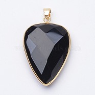 Faceted Natural Black Agate Pendants, with Golden Tone Brass Findings, teardrop, 40x27x7~9mm, Hole: 4x5mm(X-G-F340-02E)