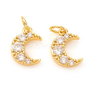 Brass Micro Pave Cubic Zirconia Charms, with Jump Rings, Moon, Clear, Real 18K Gold Plated, 9.5x7x2mm, Jump Ring: 4x0.6mm, Hole: 2.5mm(KK-I672-26G)