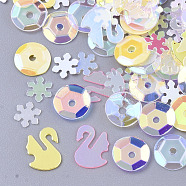 Ornament Accessories, PVC Plastic Paillette/Sequins Beads, Snowflake & Swan & Flat Round, Yellow, 5~8x4.5~8x0.4mm, Hole: 1.2mm(PVC-N001-14B)