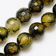 Natural Dragon Veins Agate Beads Strands, Dyed, Faceted, Round, Dark Khaki, 10mm, Hole: 1mm, about 37pcs/strand, 16 inch(X-G-G445-10mm-03)