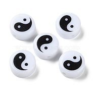 Printed Opaque Acrylic Beads, Flat Round with Yinyang Pattern, Black, 14x6.5mm, Hole: 2mm(SACR-F010-06C)