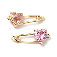 Heart Shaped Glass Connector Charms, Real 18K Gold Plated Brass Safety Pin Links, Pearl Pink, 11x28.5x5.8mm, Hole: 1.4mm(KK-B074-74G-02)