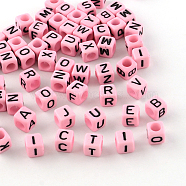 Letter Style Opaque Acrylic Beads, Horizontal Hole, Cube, Pearl Pink, 6x6x6mm, Hole: 3.5mm, about 2700pcs/500g(SACR-S076-04)